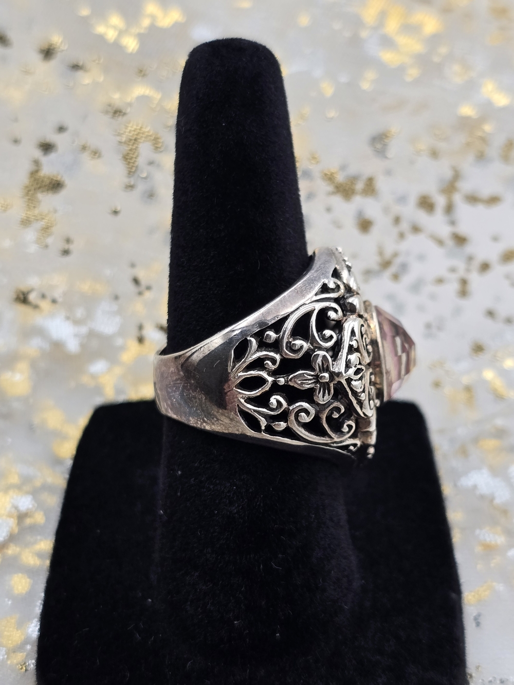 Size 6 925 Sterling and Faceted Pink and Gold Spinel Signed NOA Thailand Ring - Picture 3 of 7